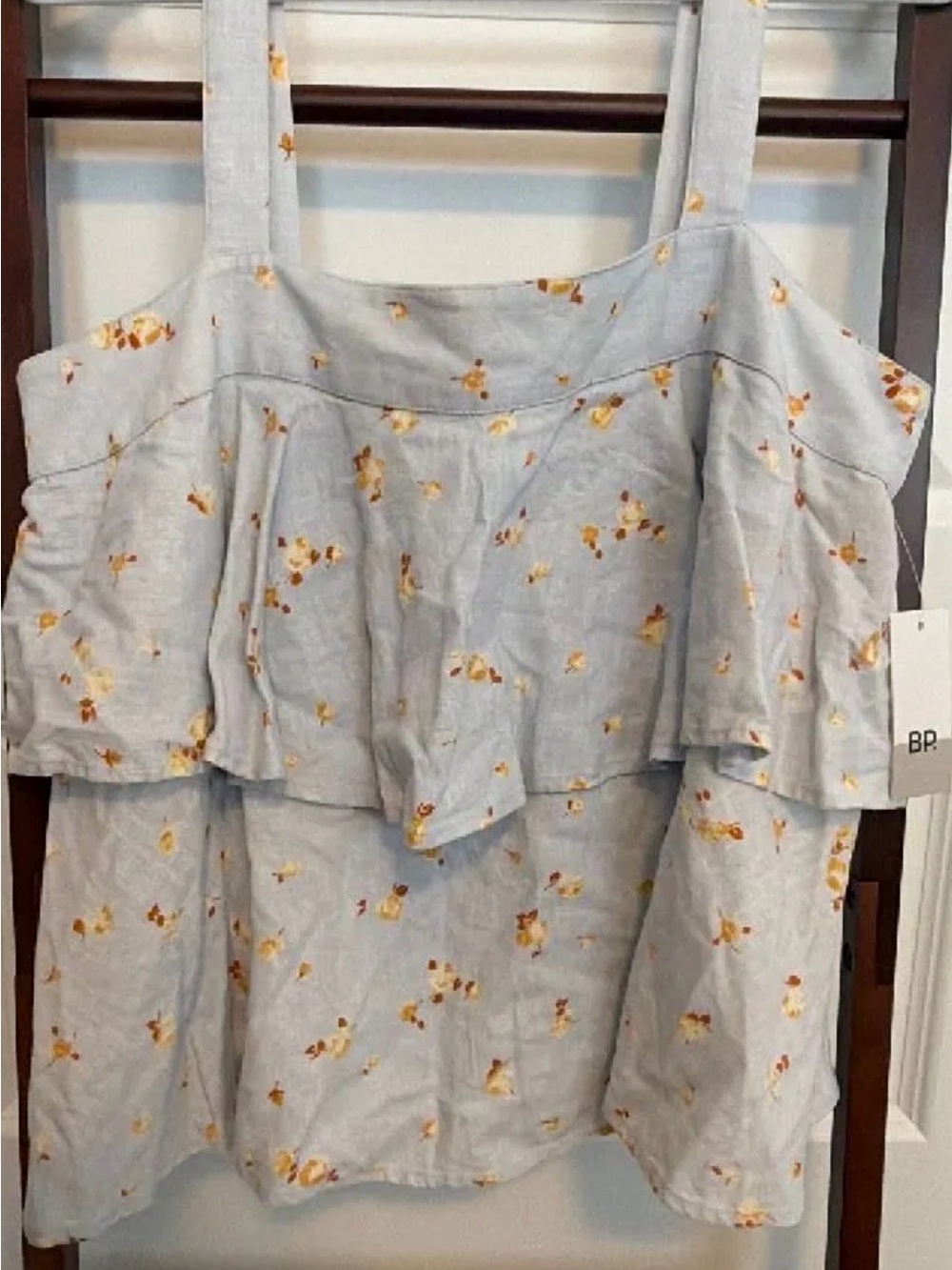 bp Light Blue Floral Ruffle Tank with Yellow Blossoms